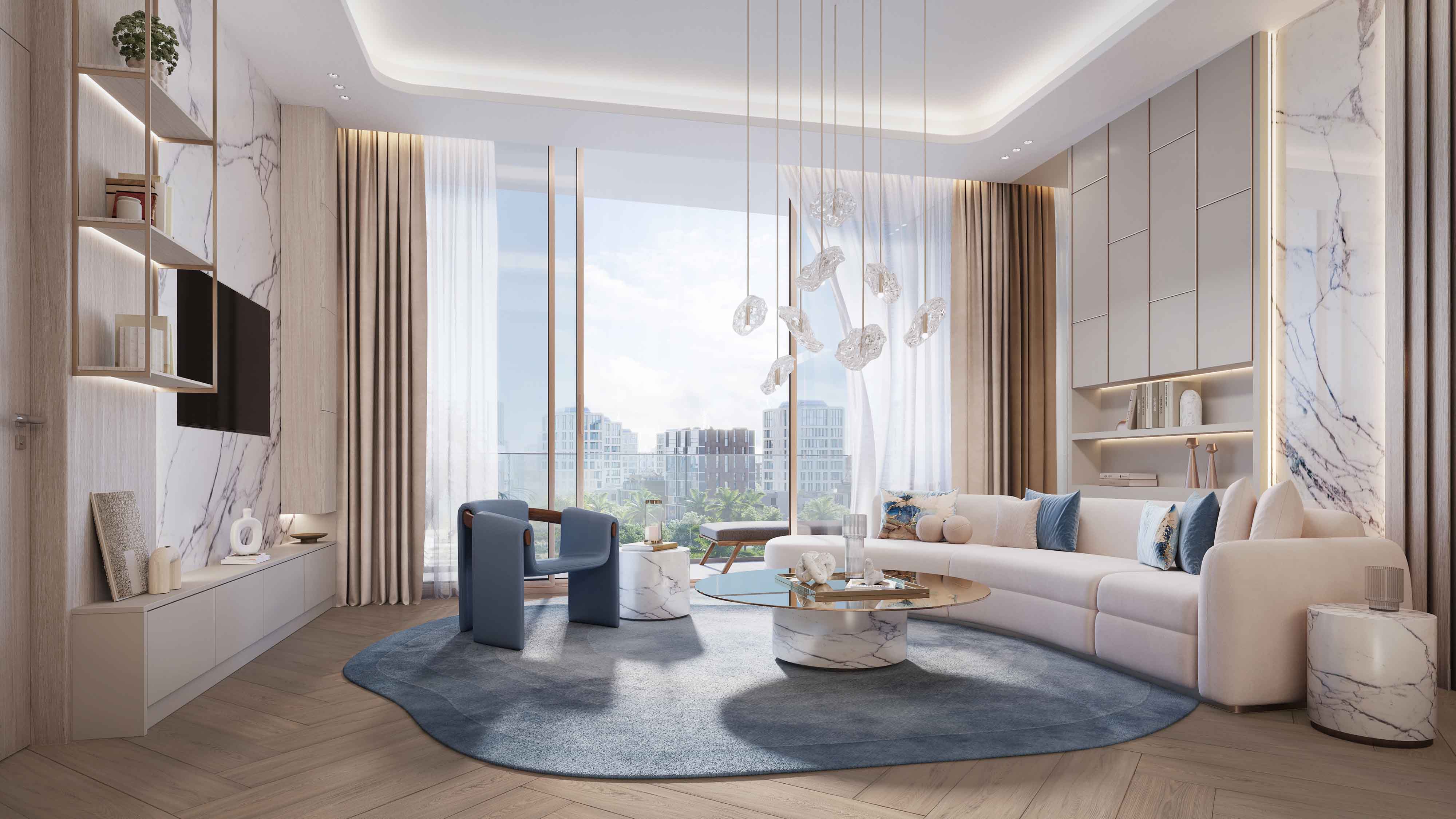 Beach Walk Residence Modern living room with a large window, cozy seating, artistic decor, and marble accents. Soft colors create a serene vibe.